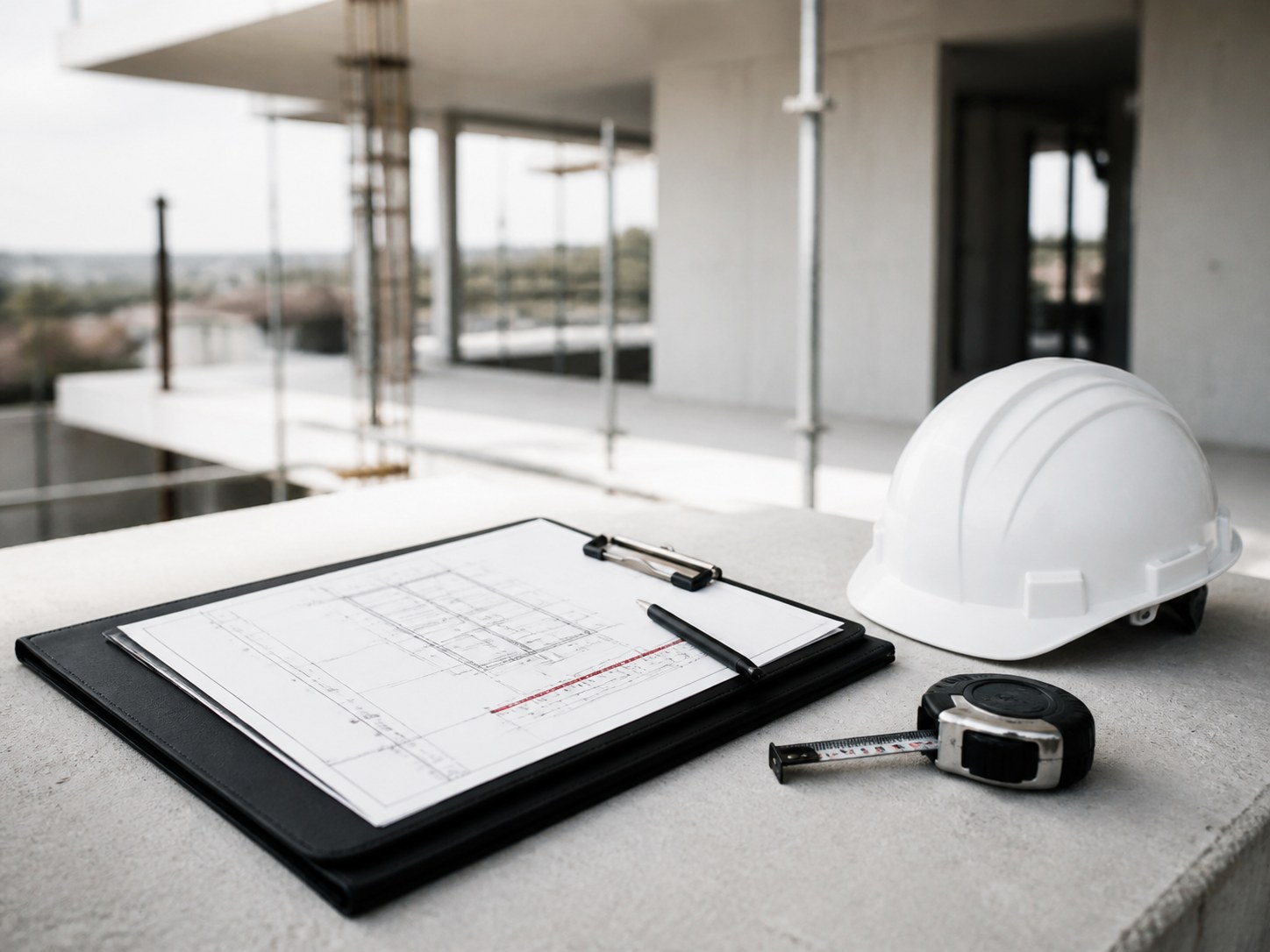 Bauleitung mit Plan und Baustellendetail