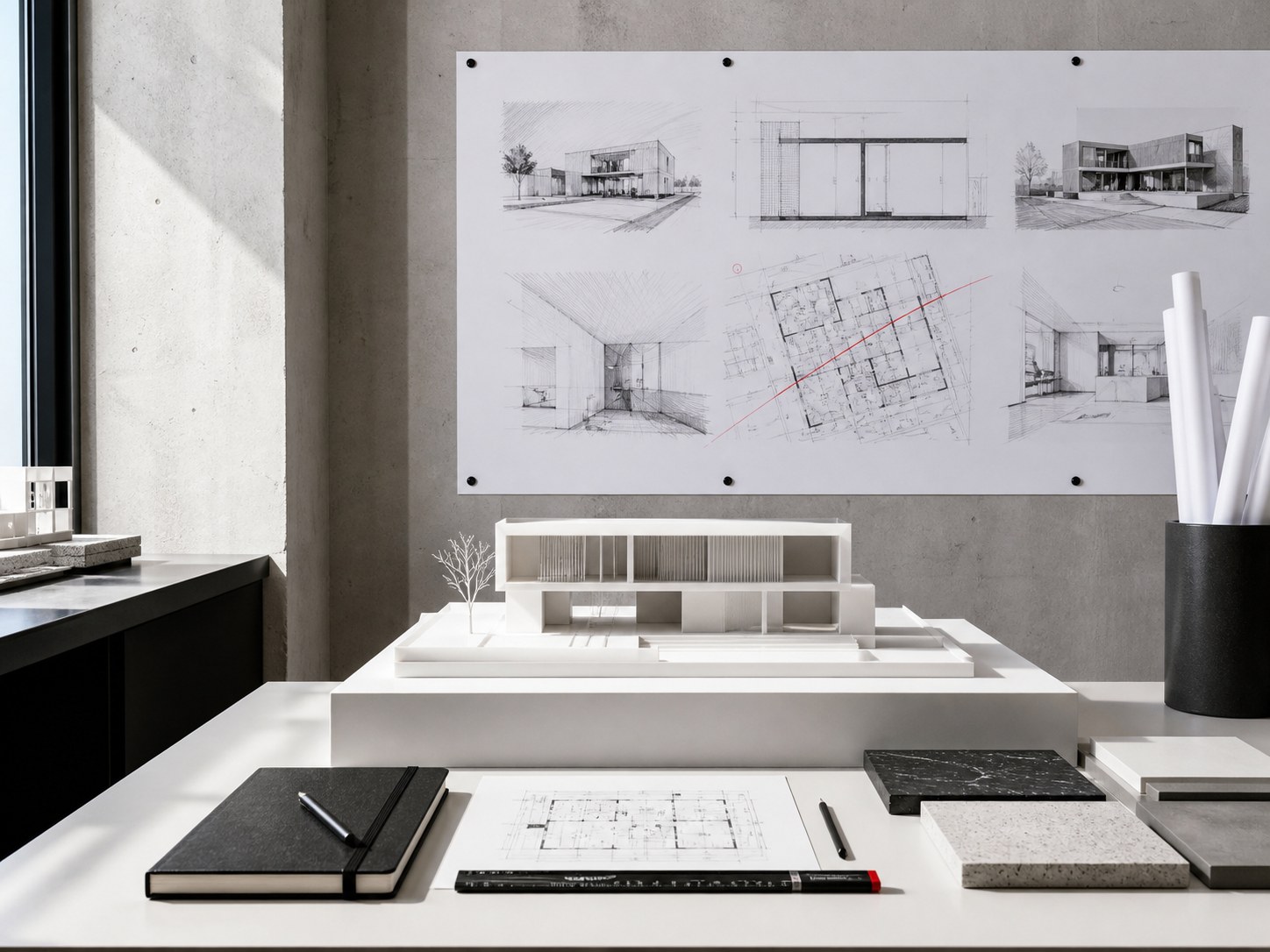 Architekturstudio mit Modell, Skizzen und Materialmustern